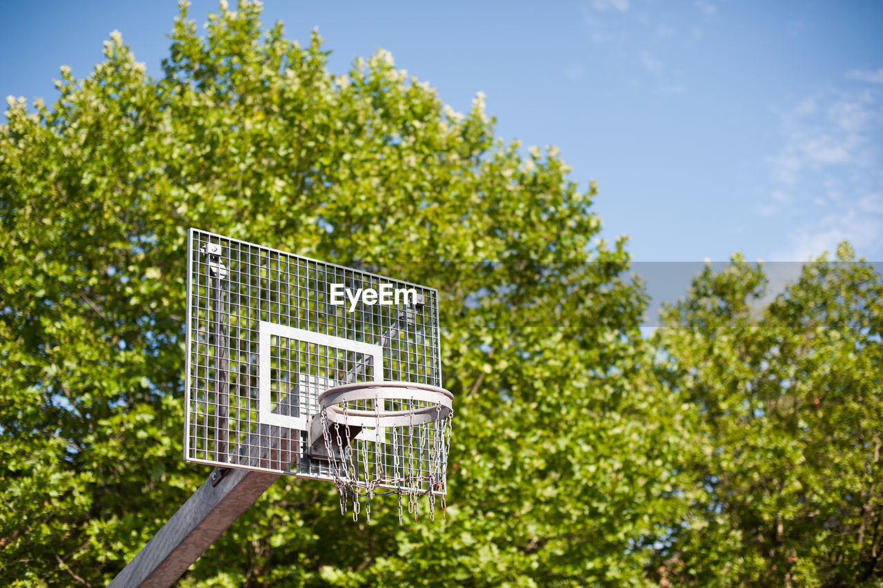 LOW ANGLE VIEW OF BASKETBALL COURT AGAINST TREES