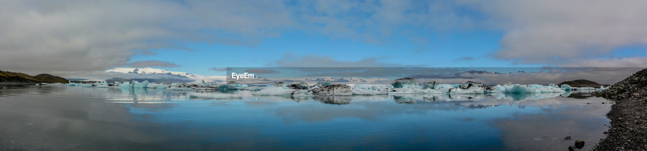 PANORAMIC VIEW OF LAKE AGAINST SKY DURING SUNNY DAY