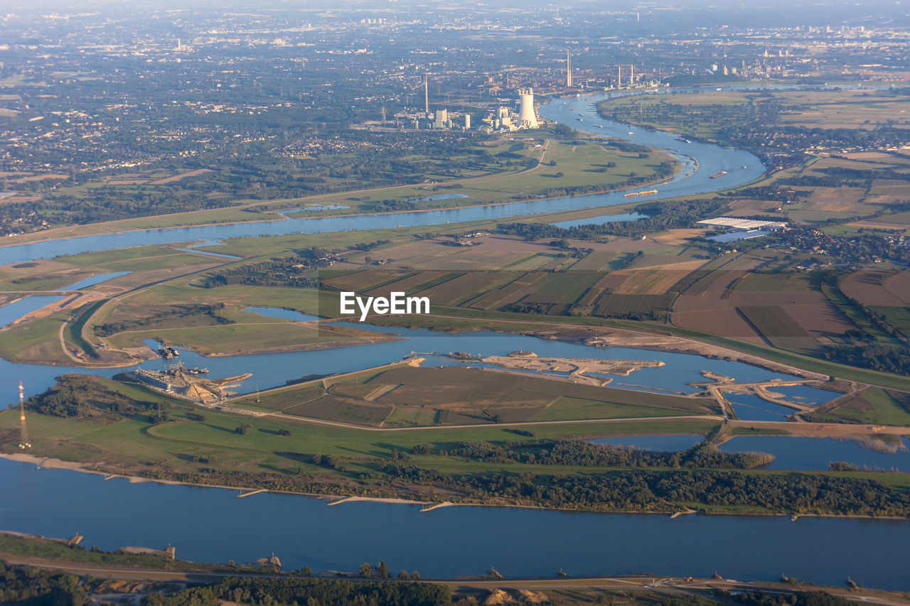 AERIAL VIEW OF AGRICULTURAL LANDSCAPE AND RIVER