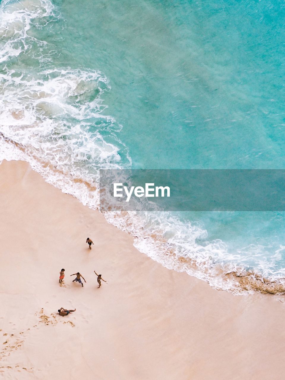 HIGH ANGLE VIEW OF BIRDS ON SAND AT BEACH