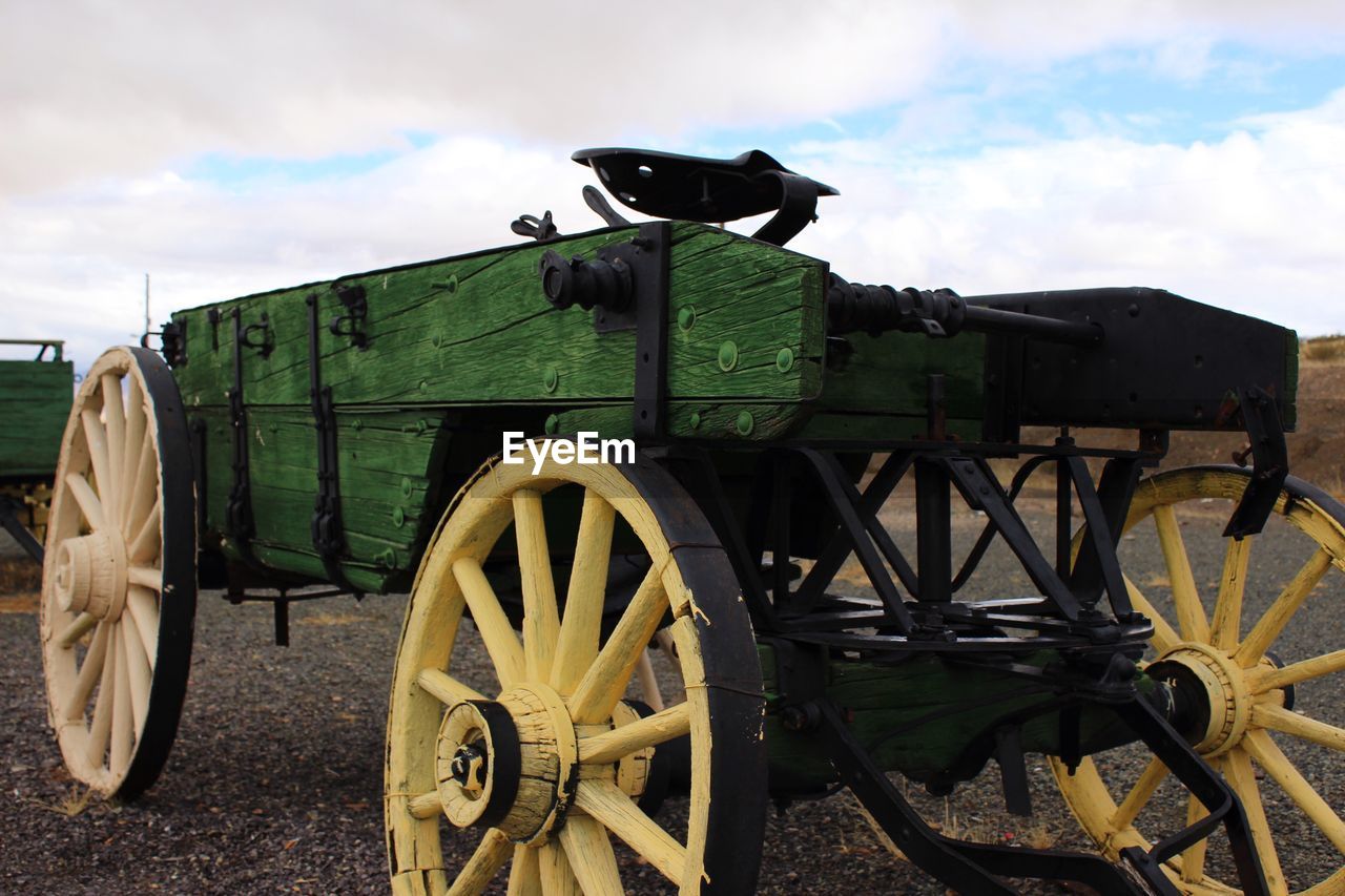 CLOSE-UP OF TRAIN ON FIELD AGAINST SKY