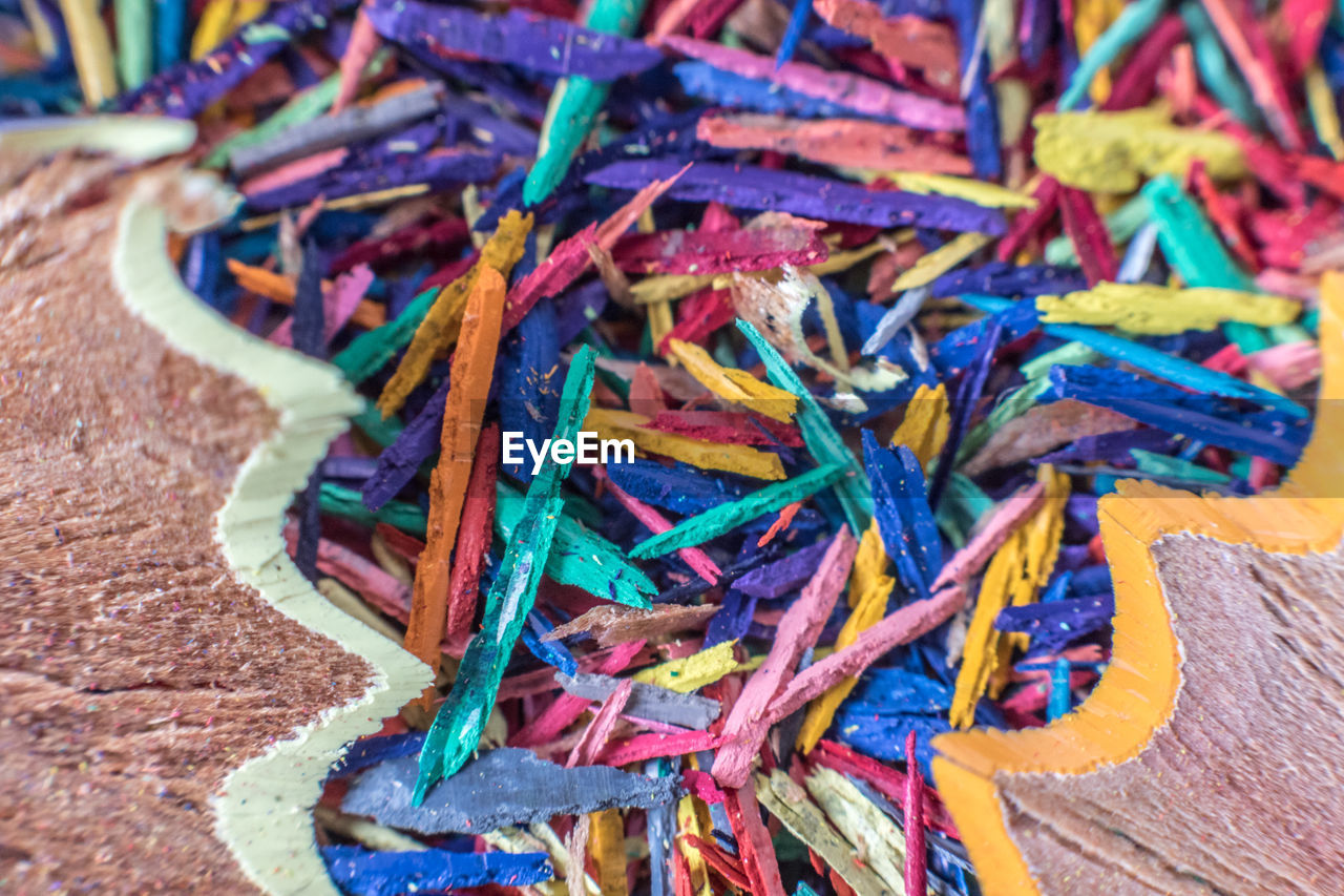 Close-up of colorful pencil shavings