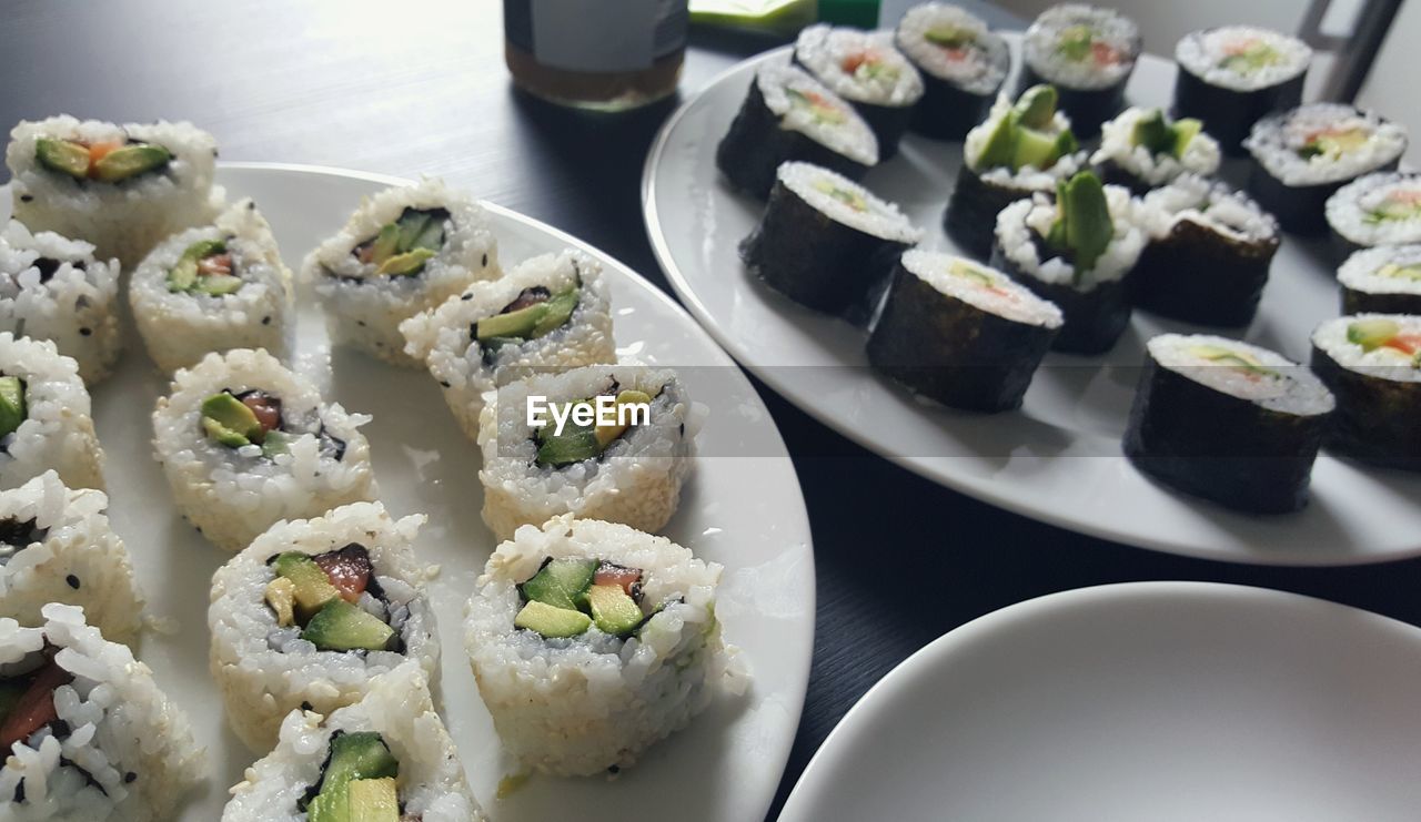 High angle view of sushi served in plate