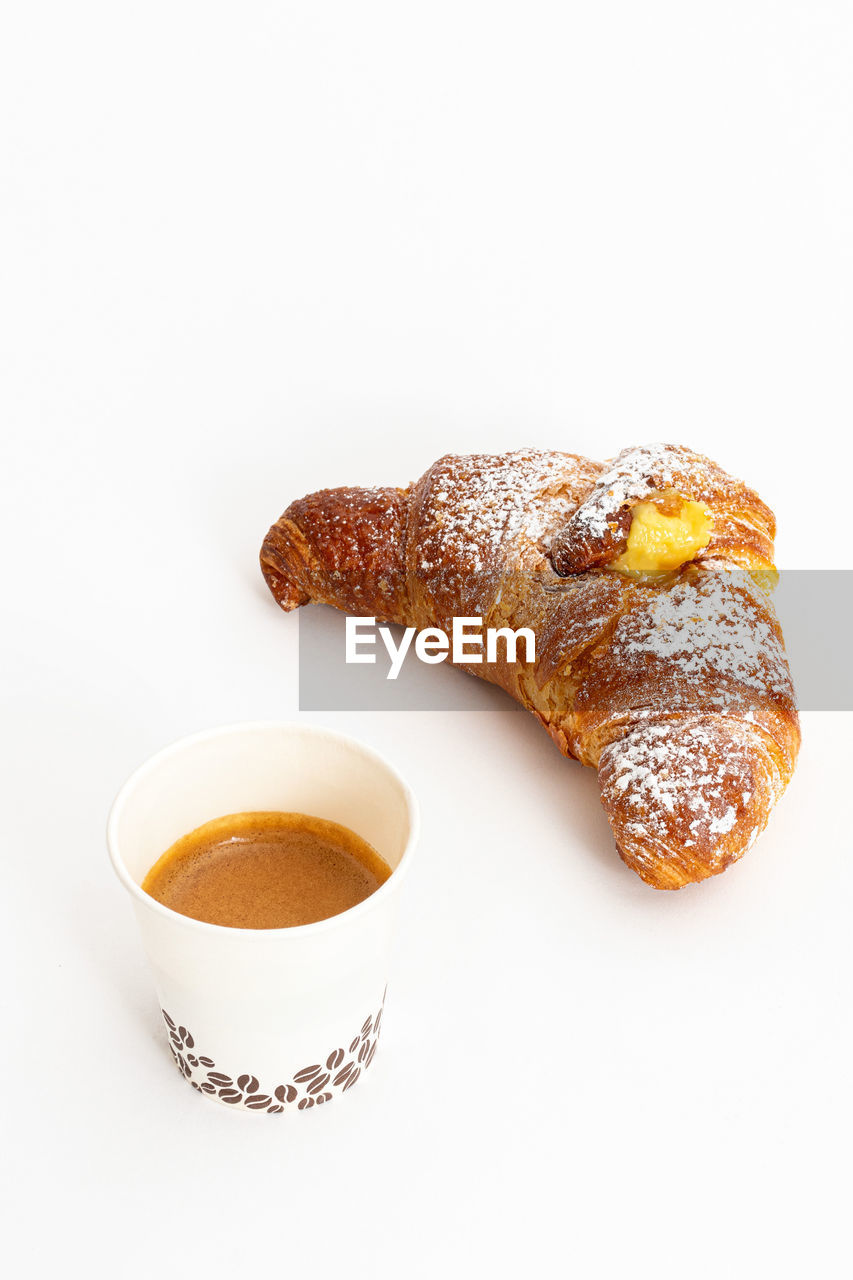 food and drink, food, drink, white background, cup, mug, studio shot, refreshment, croissant, freshness, baked, indoors, no people, coffee, hot drink, meal, sweet food, dessert, french food, produce, bread, breakfast, tea, still life, dish, coffee cup, wellbeing, snack, copy space, cut out