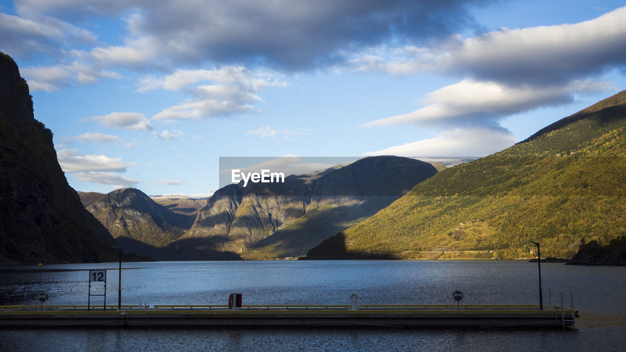 Scenic view of sea and mountains against sky