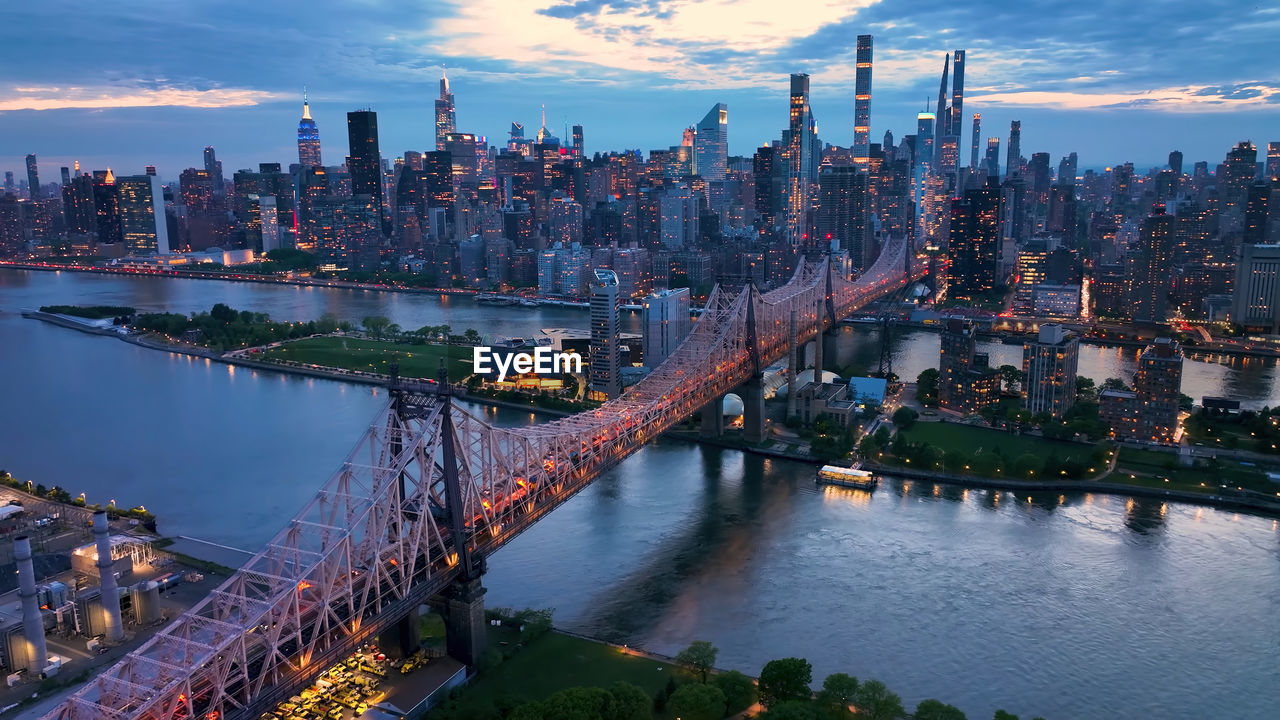 High angle view of city at waterfront, brooklyn bridge.