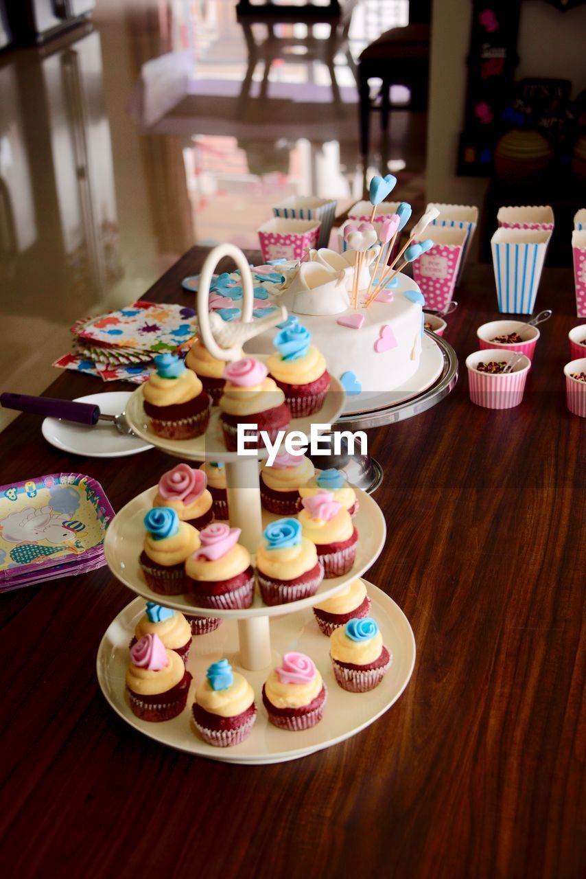 High angle view of desserts of birthday cake on table