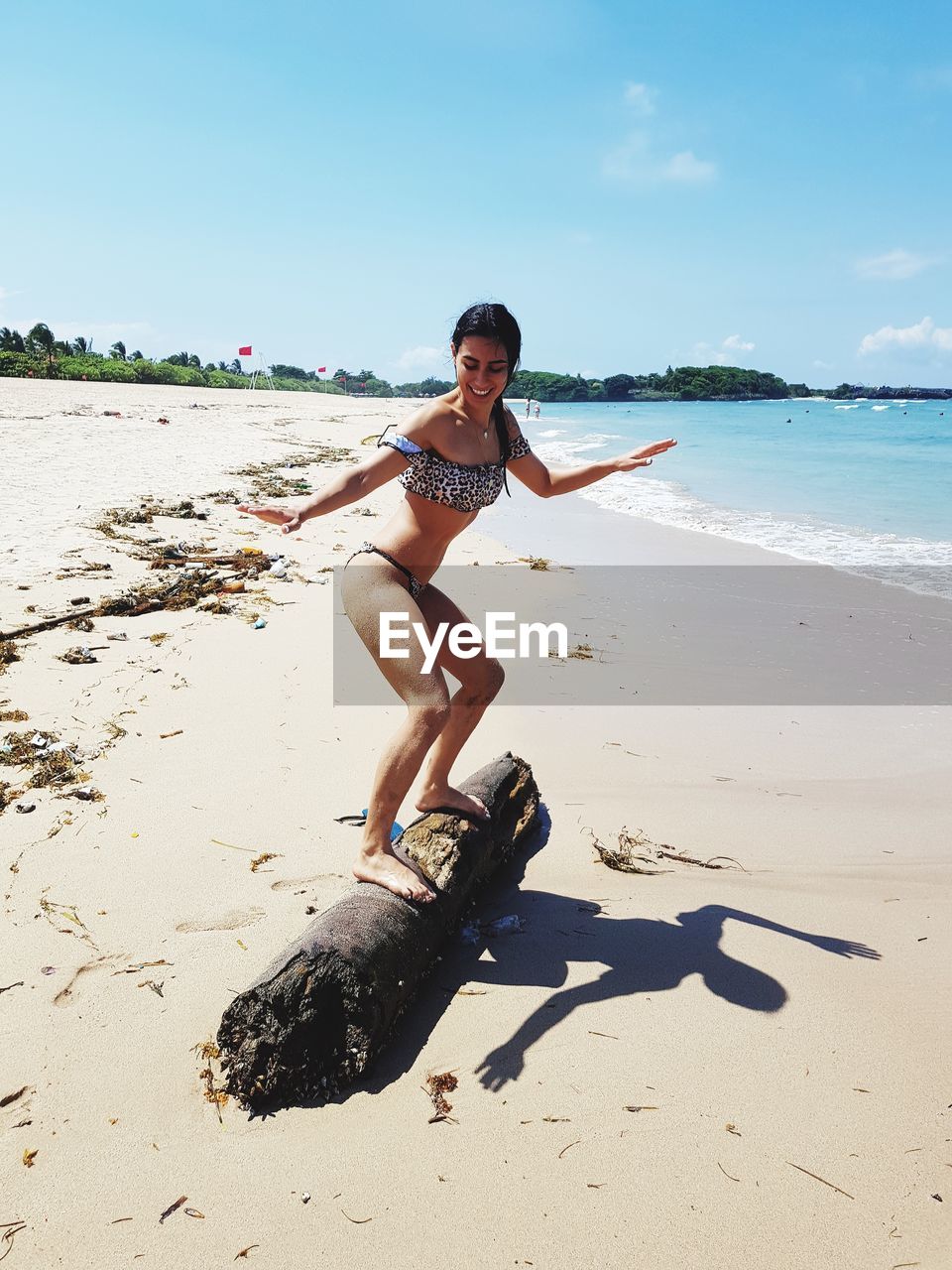 Woman standing on driftwood at beach