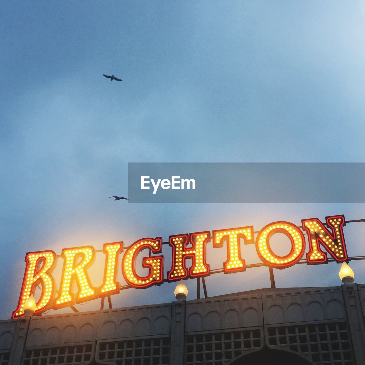 LOW ANGLE VIEW OF ILLUMINATED INFORMATION SIGN AGAINST SKY