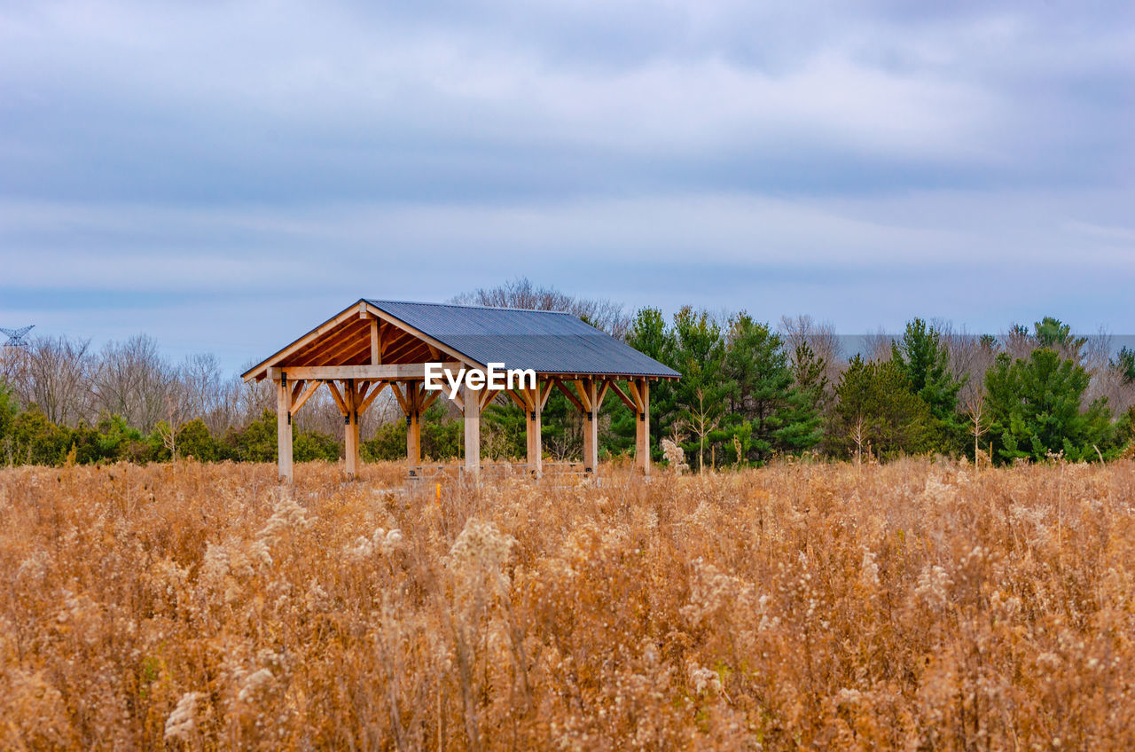 Built structure on field against sky