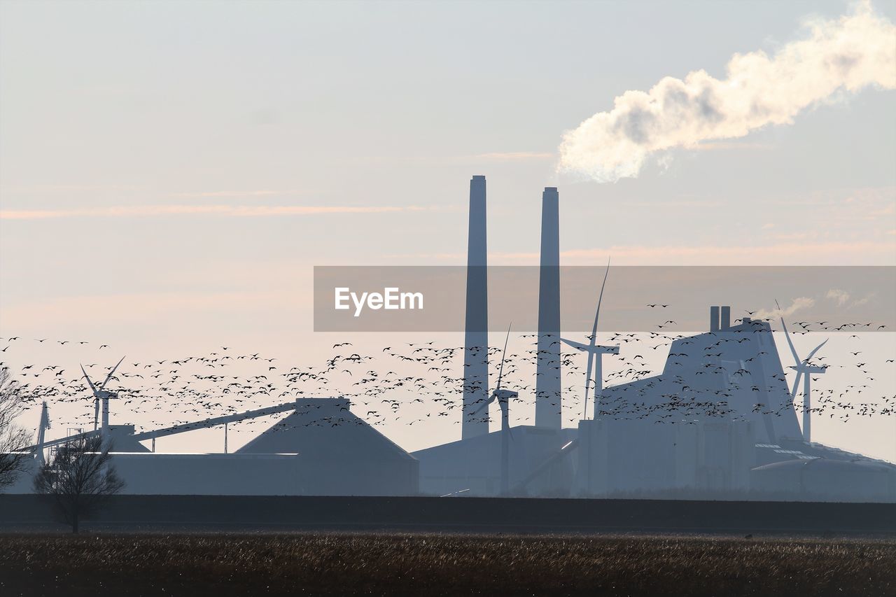 Gigantic flock of arctic geese passing in front of a powerplant.