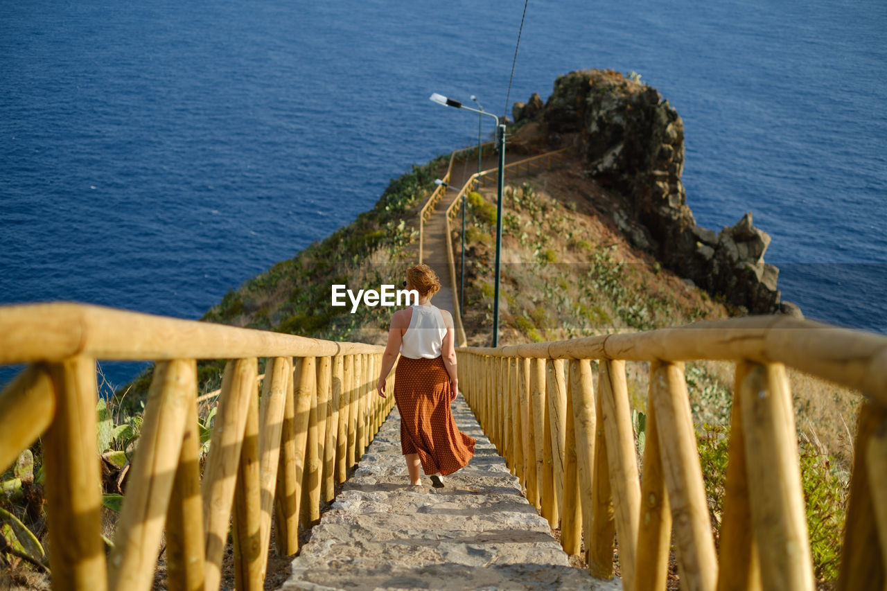 Rear view of  woman on railing by sea