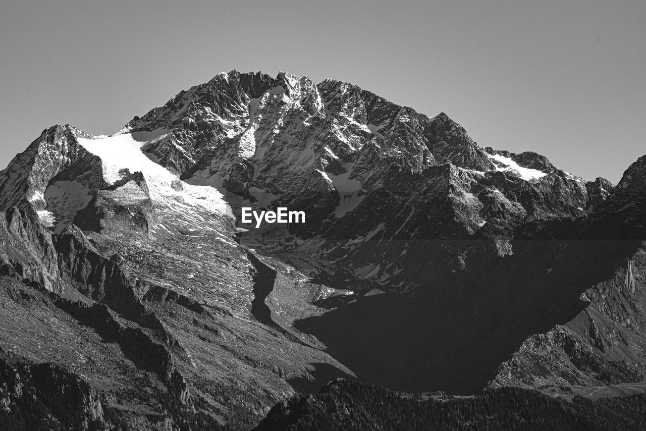 Scenic view of snowcapped mountains against clear sky