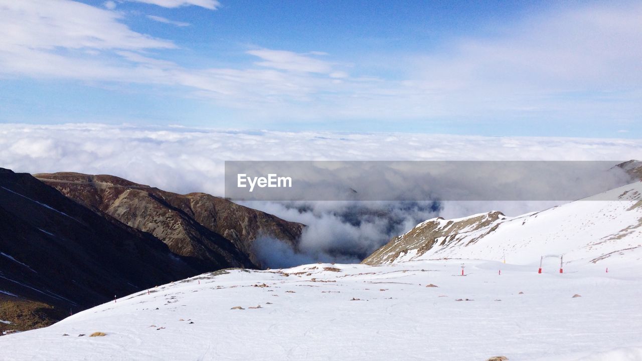 Scenic view of snowcapped mountains and clouds against sky