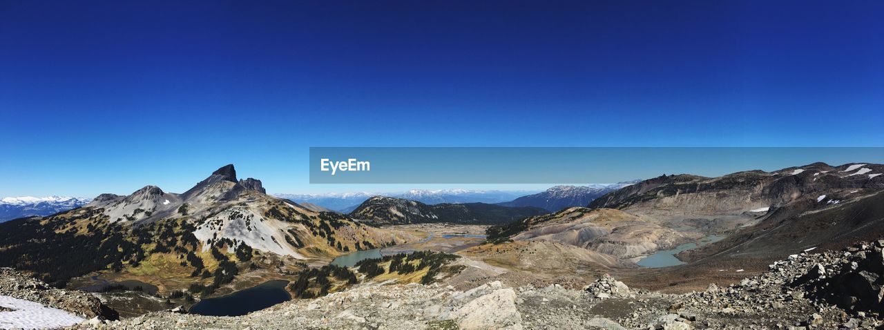 Scenic view of mountains against clear blue sky