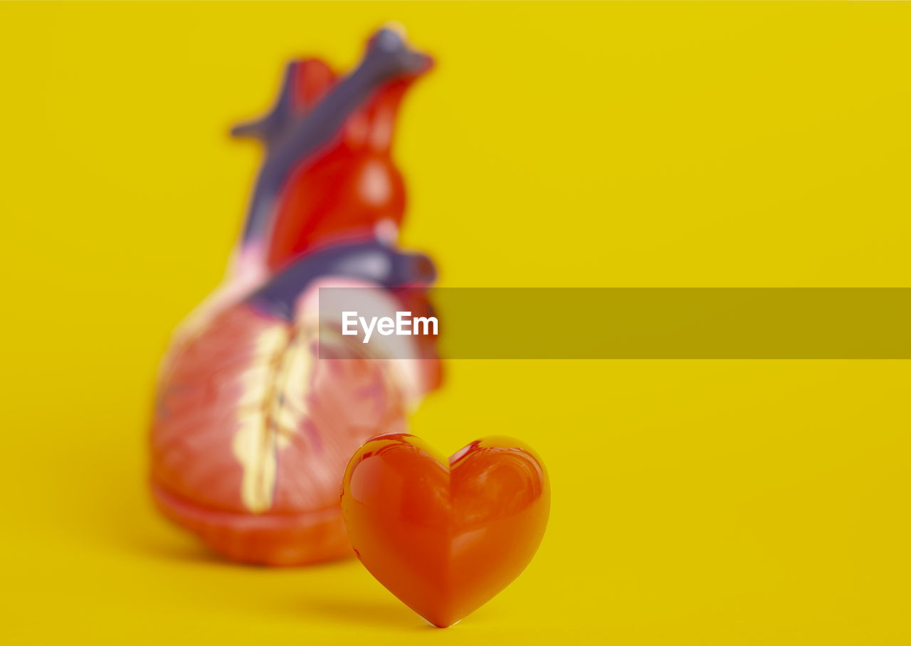 Close-up of heart model against yellow background