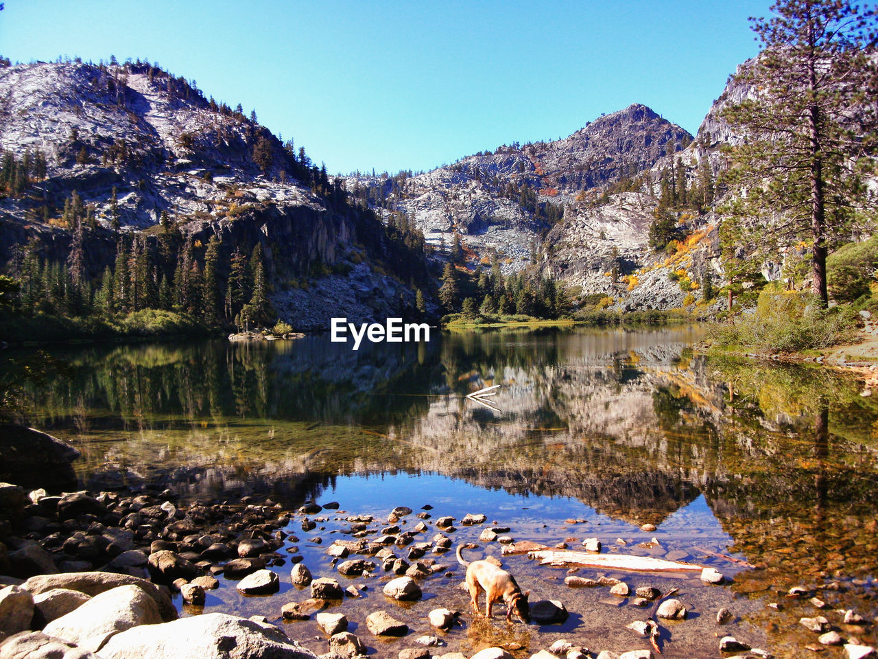 Scenic view of lake by mountains against sky