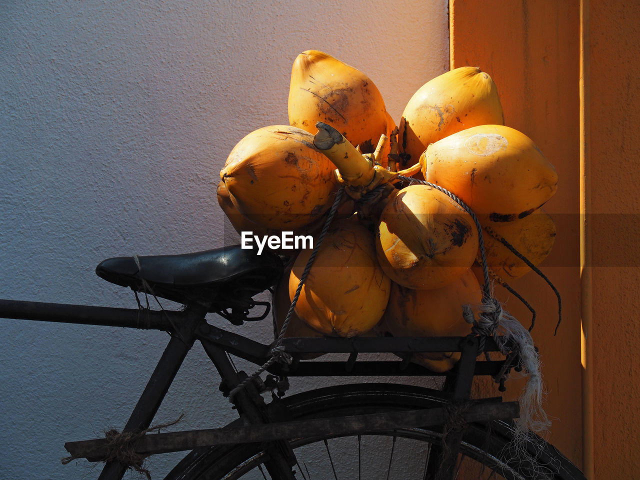 bicycle, transportation, no people, fruit, day, yellow, outdoors, close-up, food, architecture