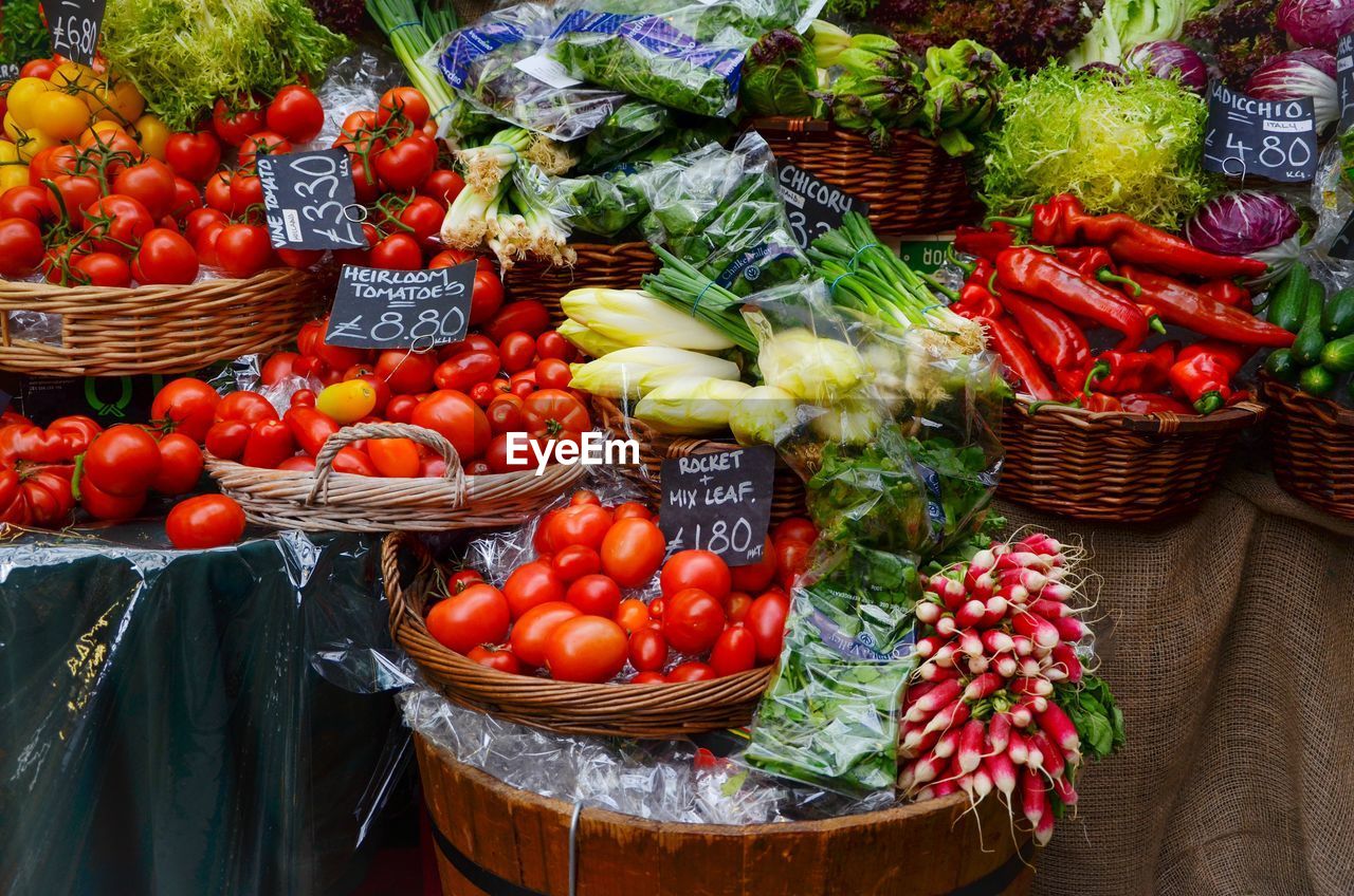 Vegetables in basket for sale at market stall