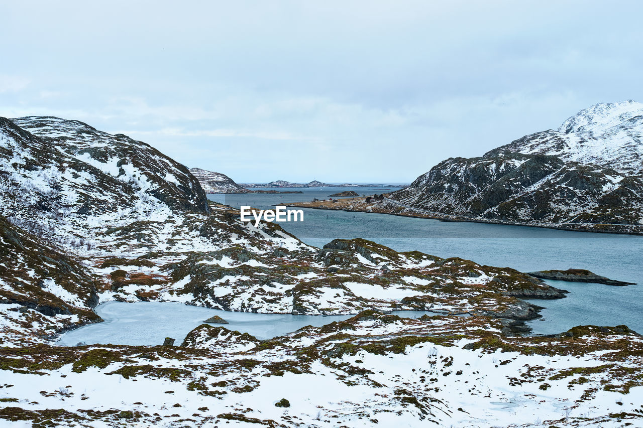 View of norwegian fjord, lofoten islands, norway