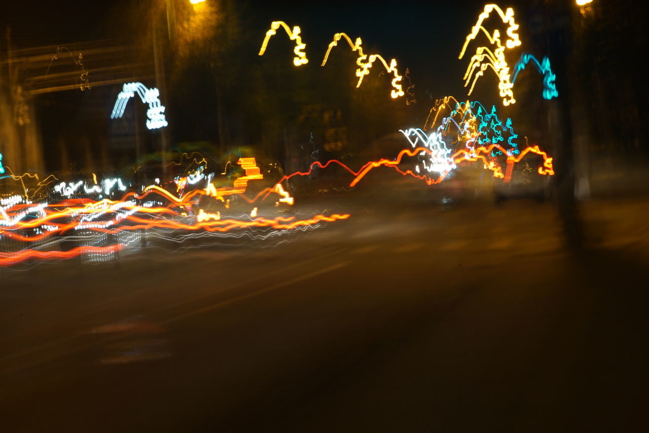 VIEW OF LIGHT TRAILS ON ROAD AT NIGHT