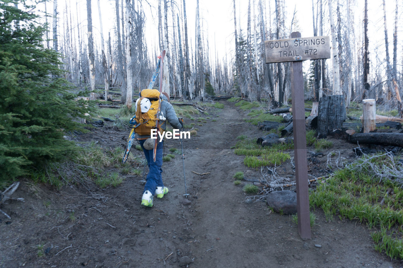 Rear view of hiker walking on trail at mount adams