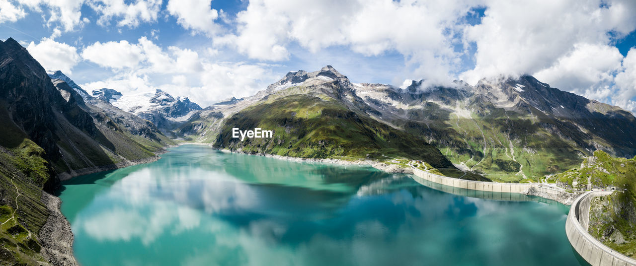 Aerial image of kaprun high mountain reservoirs and dam wall, salzburg, austria