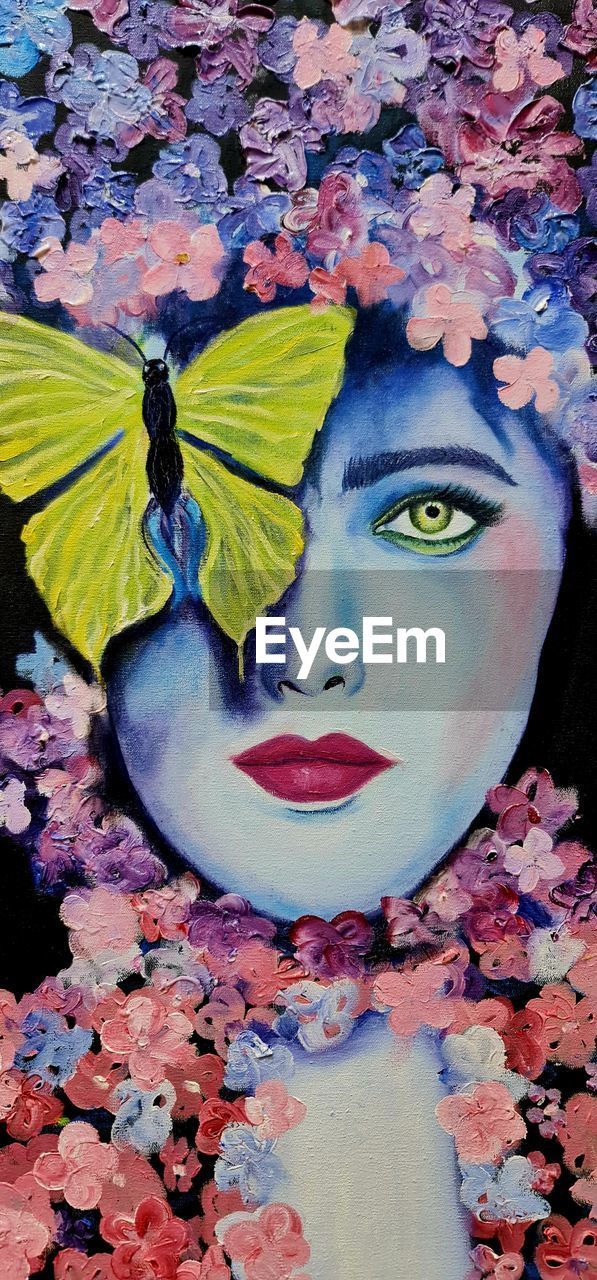painting, multi colored, art, portrait, creativity, flower, women, paint, person, close-up, drawing, one person, adult, human face, looking at camera, make-up, young adult, beauty in nature, acrylic paint, nature, headshot, representation, outdoors