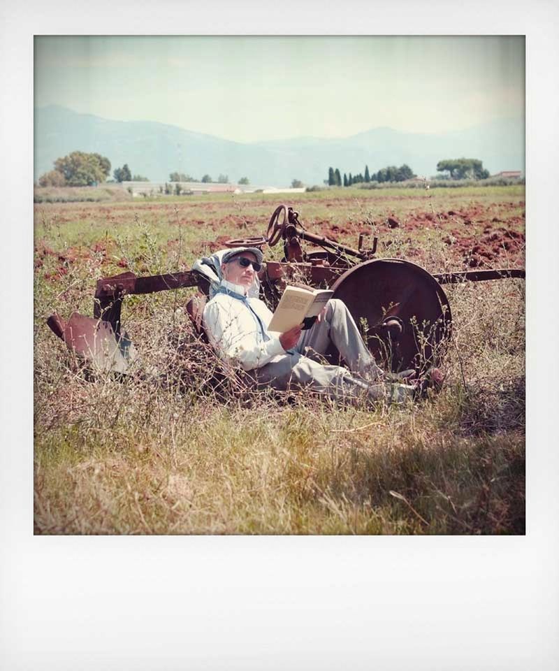 Mature man reading book in grassy field