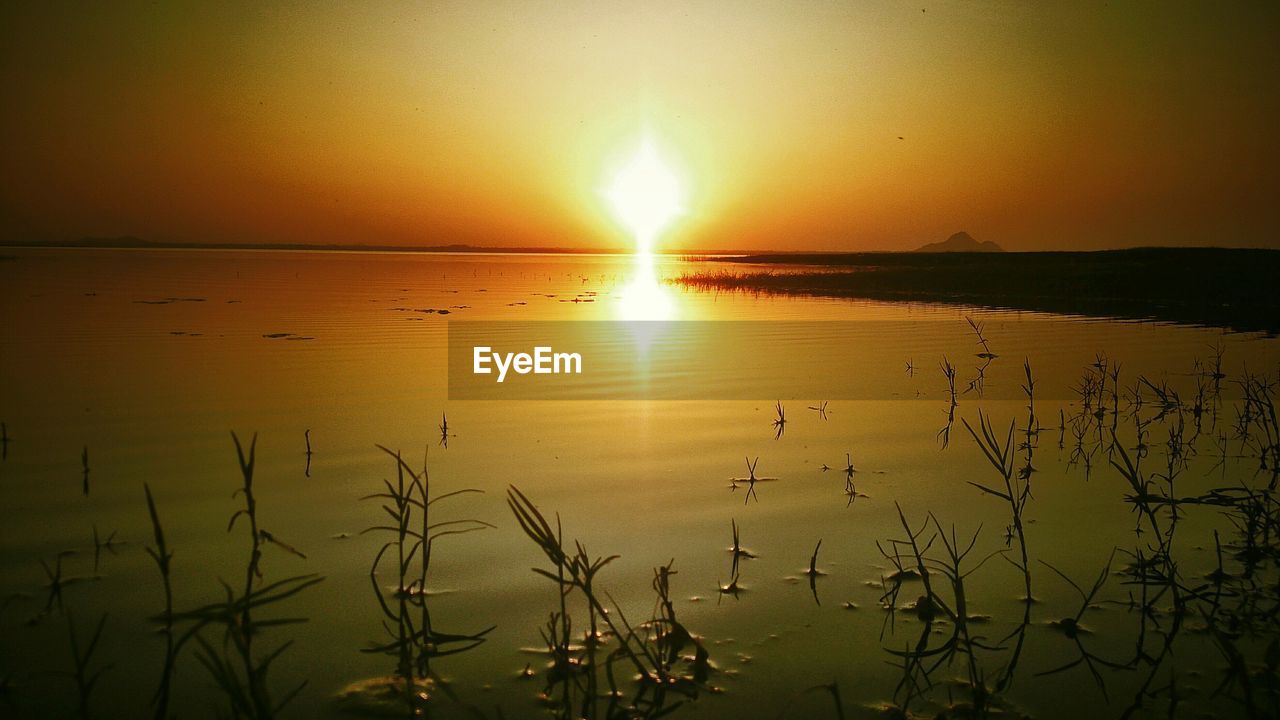 Scenic view of coastline at sunset