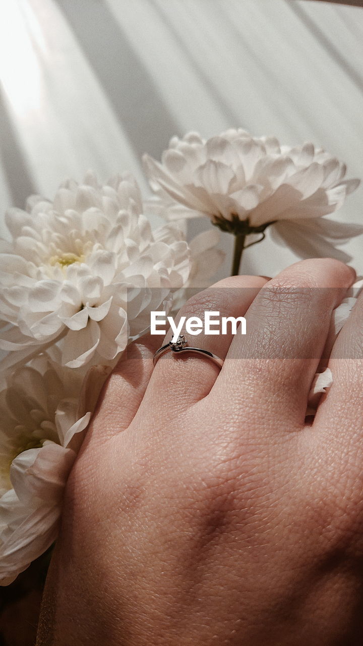 CLOSE-UP OF WOMAN HAND ON WHITE FLOWERING