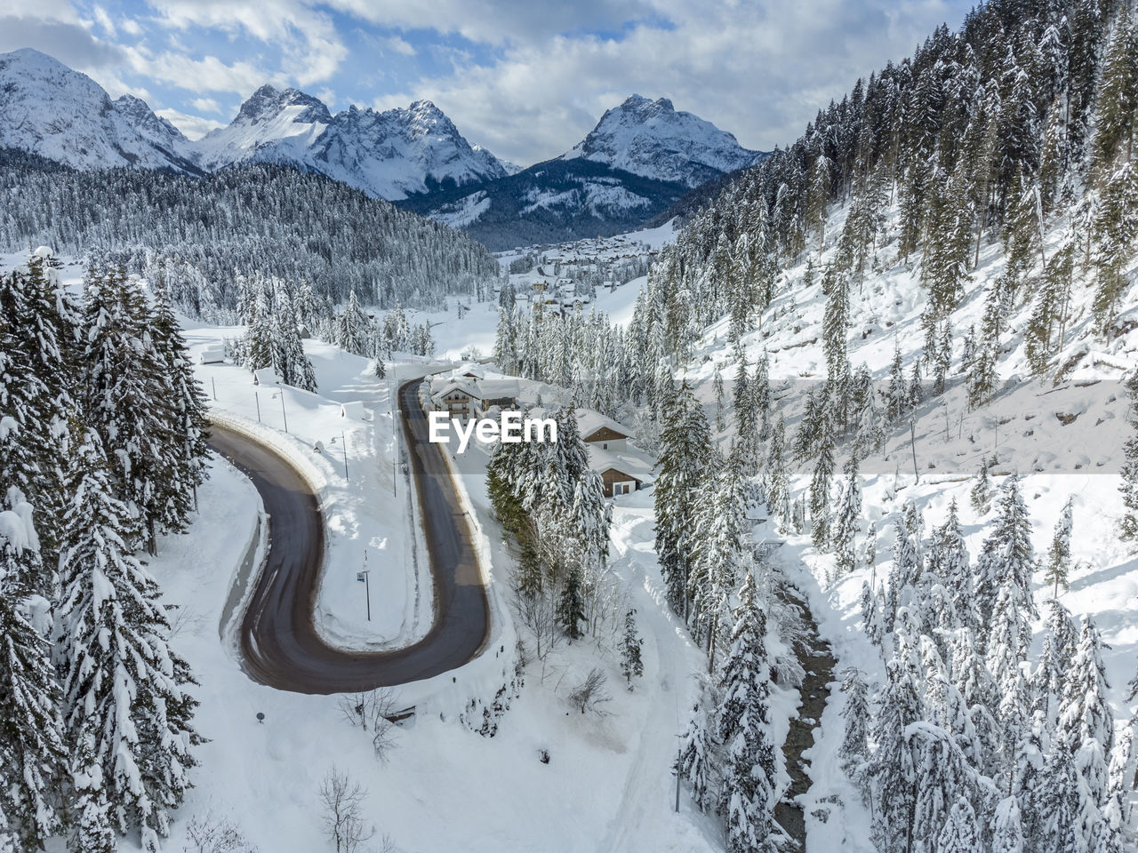 Mountain in the snow. sappada, geometries and panoramas from above.