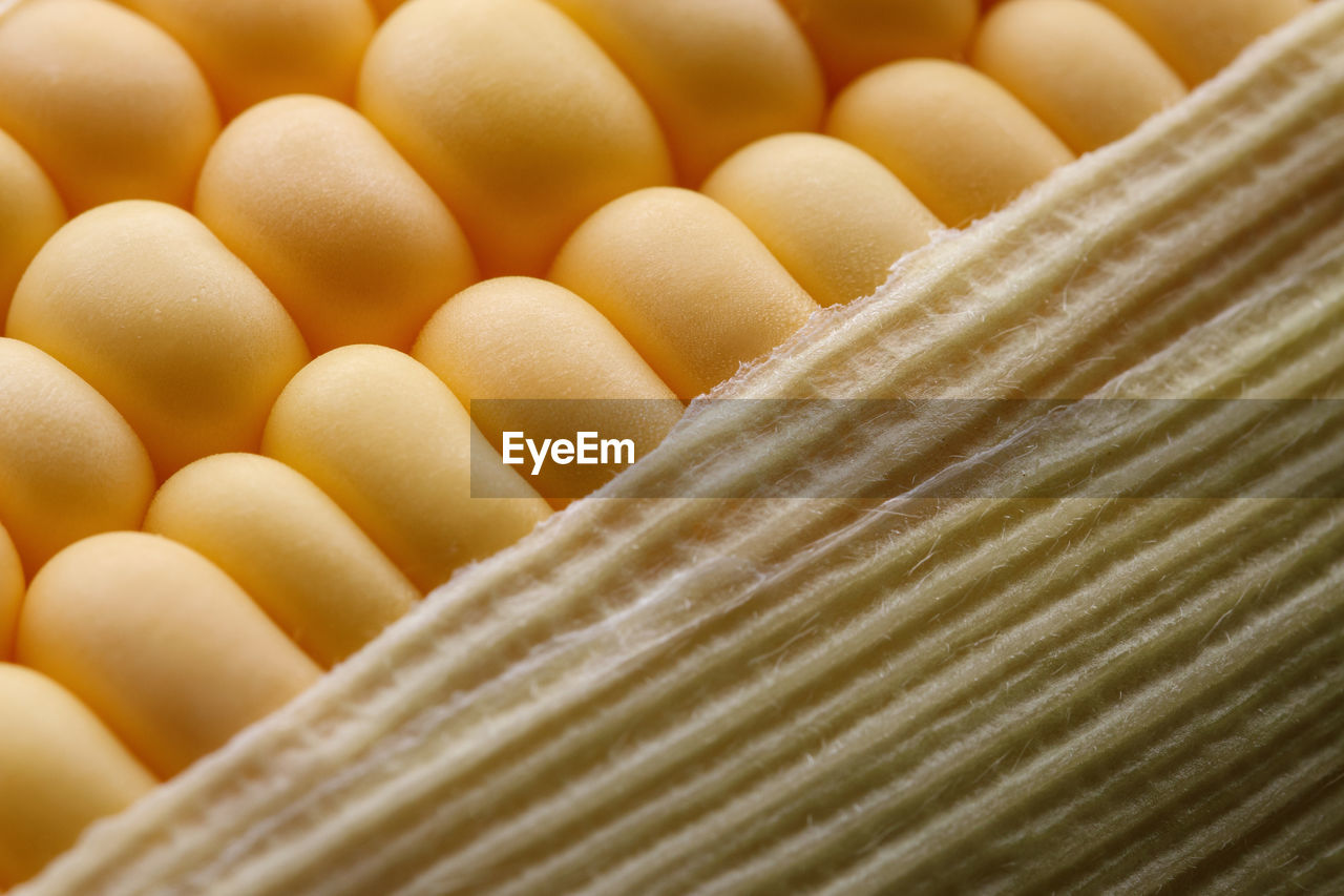 Close up of golden corn grains, healthy organic vegetarian food, abstract fresh corn for background