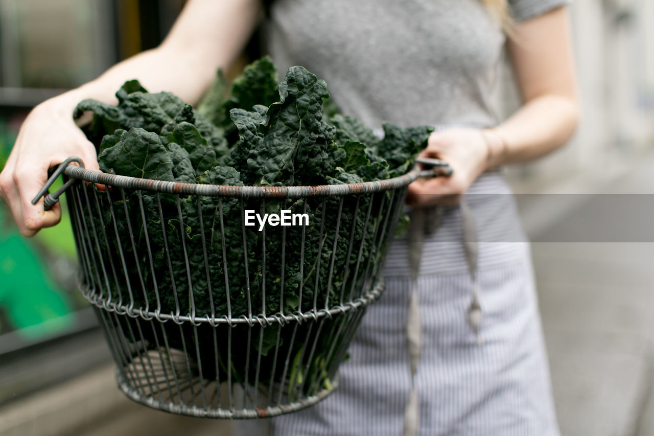 Midsection of woman holding vegetable in basket