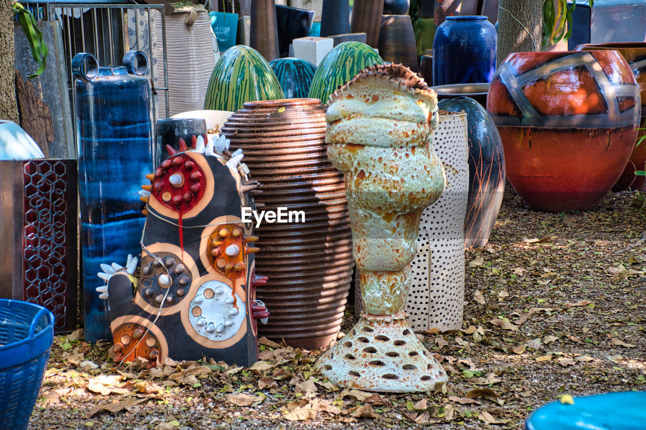 Stunning colorful ceramic products in the garden of the tao hong tai ceramics factory