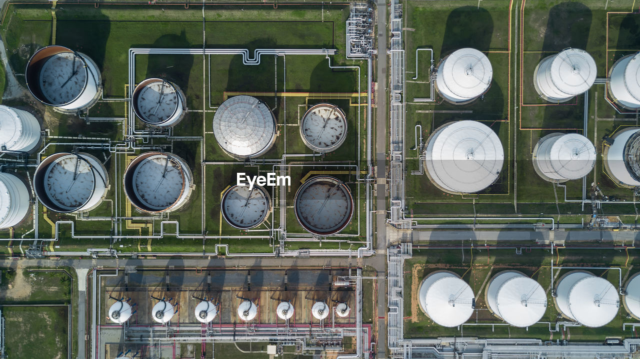 Aerial view liquid chemical tank terminal, storage of liquid chemical and petrochemical products.