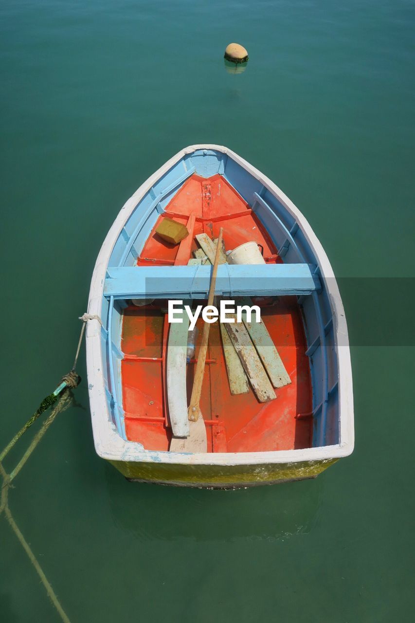 High angle view of boat moored in sea