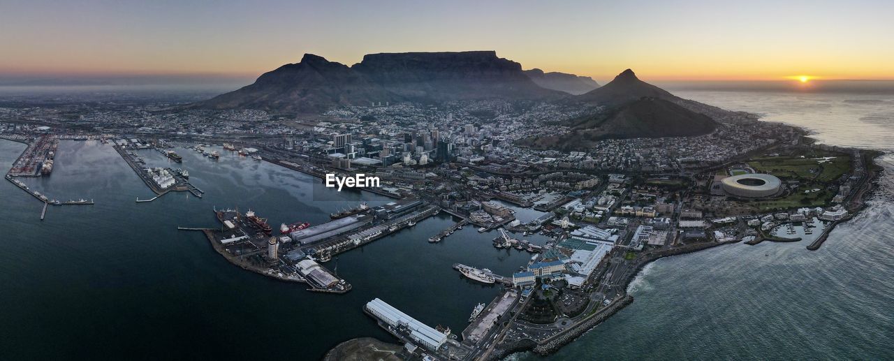 High angle view of cape town townscape against sky during sunset