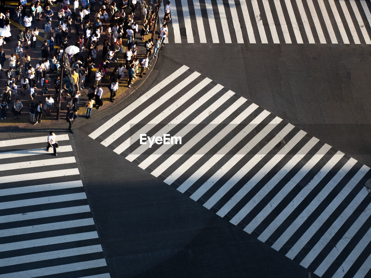 High angle view of crowd by zebra crossing on sidewalk