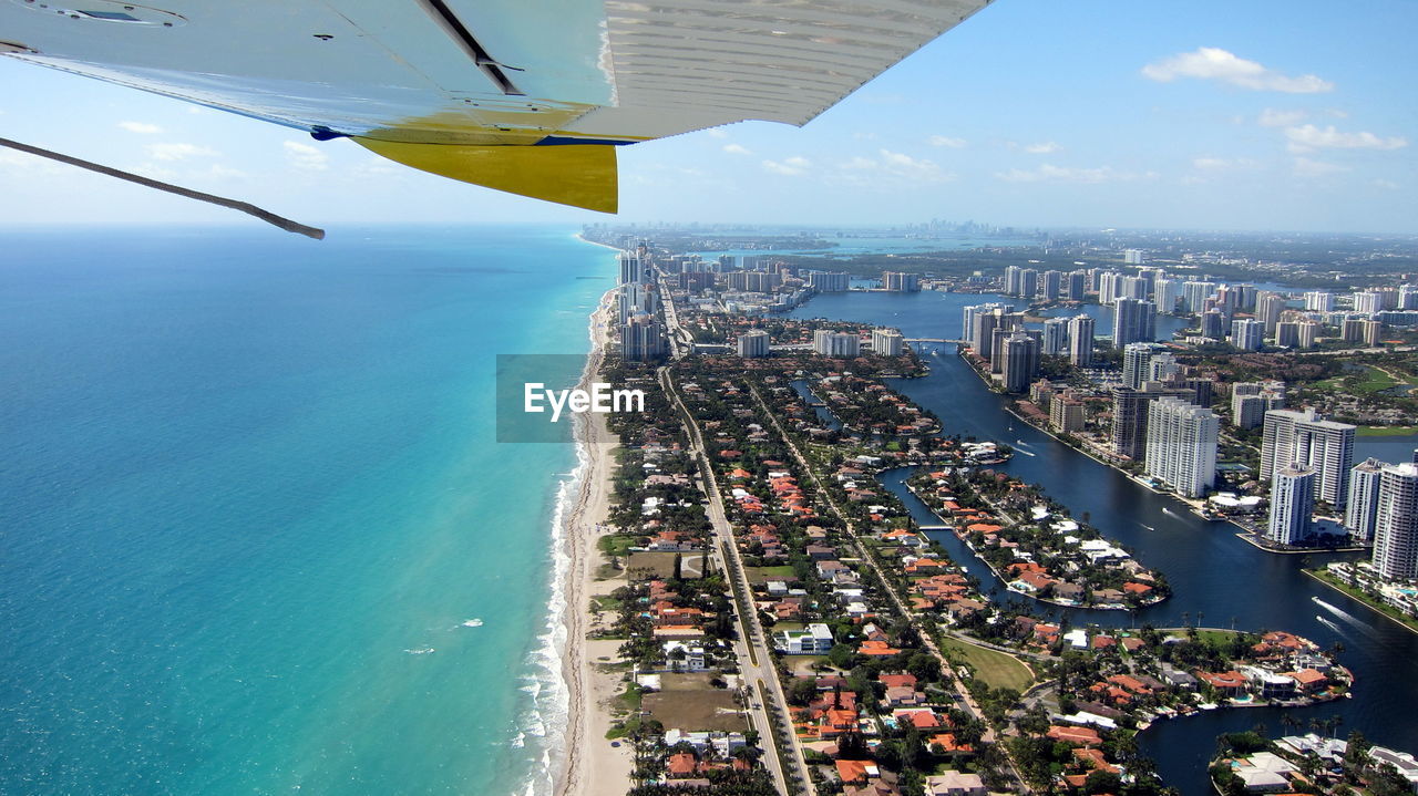 Aerial shot of miami beach, florida and the atlantic ocean from a seaplane.