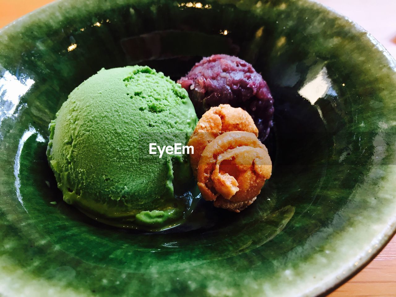 Close-up of matcha ice cream in bowl