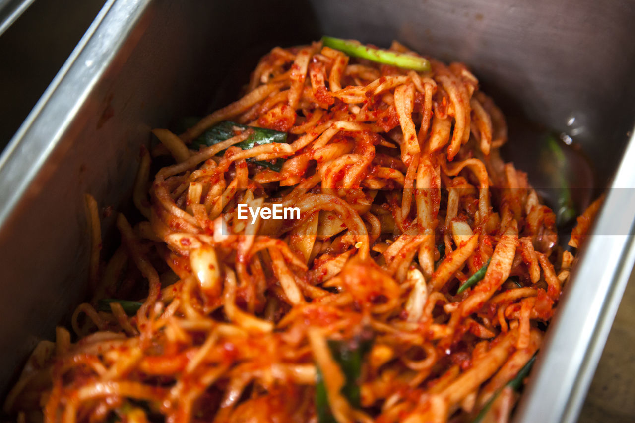 High angle view of spicy cabbage in container