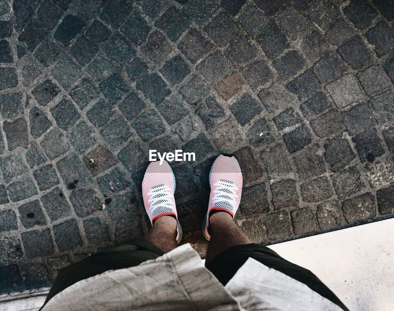 Low section of man standing on paving stone