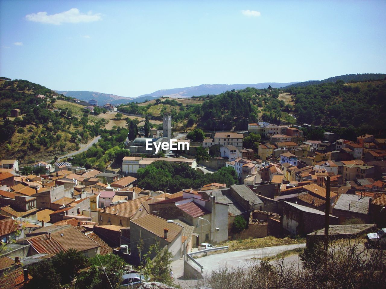 High angle view of town against sky