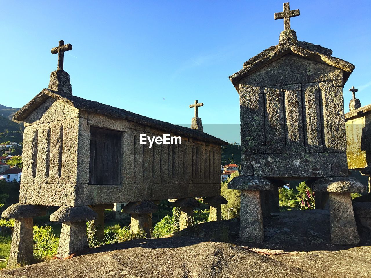 Tombstone against clear sky