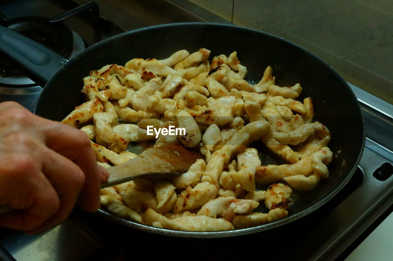 CLOSE-UP OF PERSON HAND WITH MEAT IN PLATE