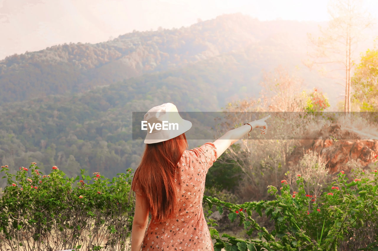 Rear view of woman pointing at trees while standing against mountains