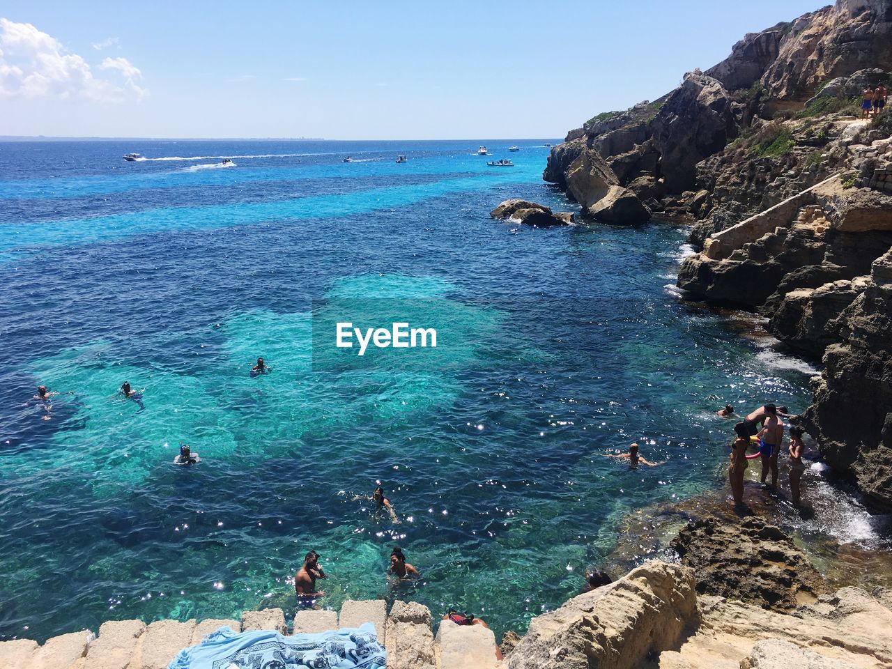 High angle view of people in sea against sky