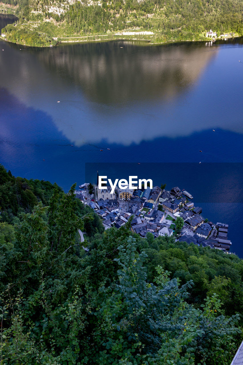 High angle view of lake amidst trees in town