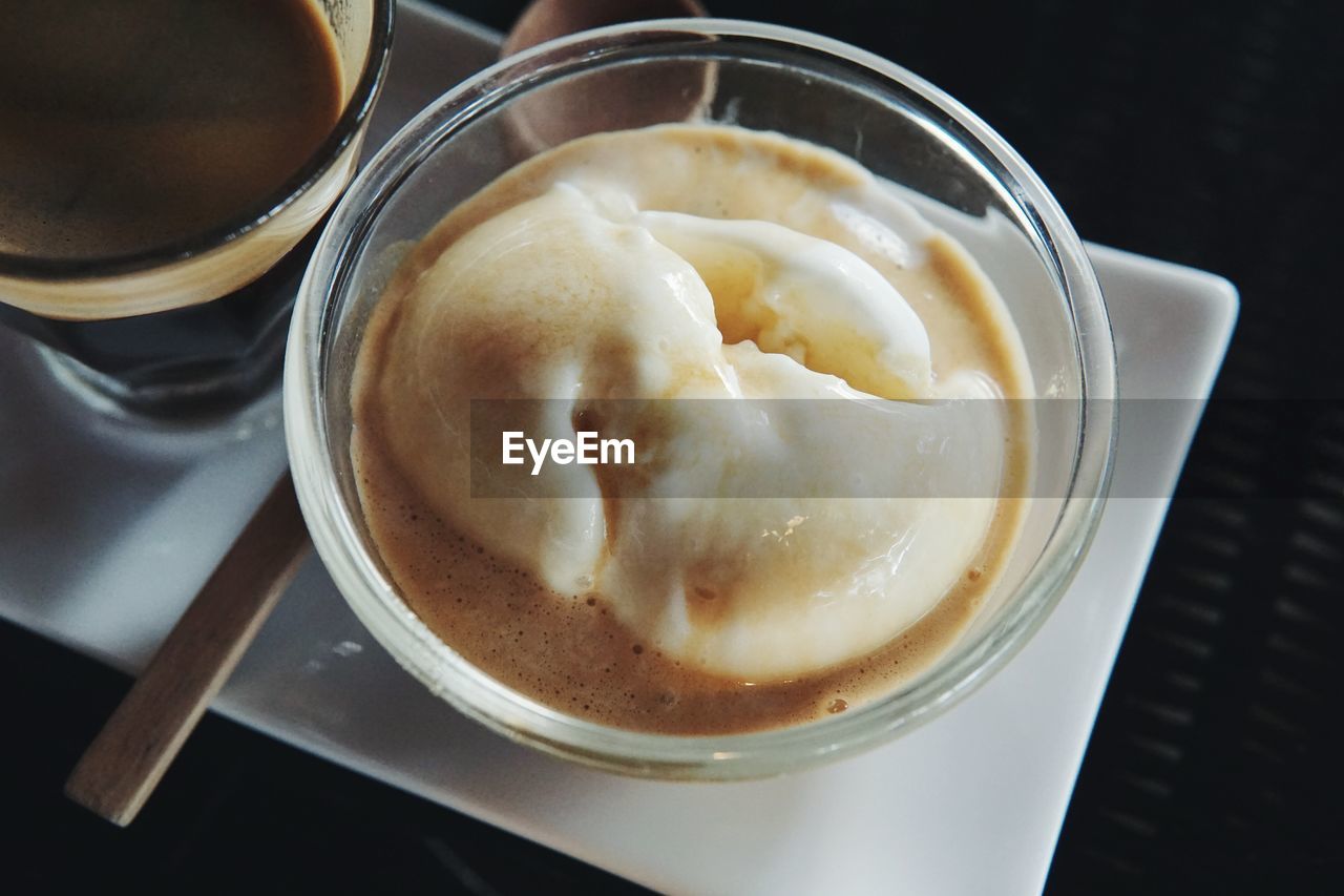 HIGH ANGLE VIEW OF ICE CREAM IN BOWL ON TRAY